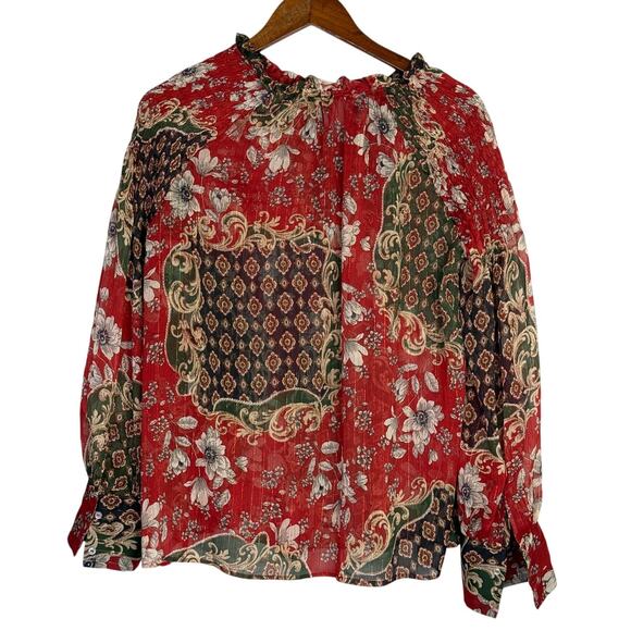 Zara Floral Sheer Long Sleeve Flowy Boho Blouse Smocked Ruffle Neck XL Red Green - Picture 6 of 15